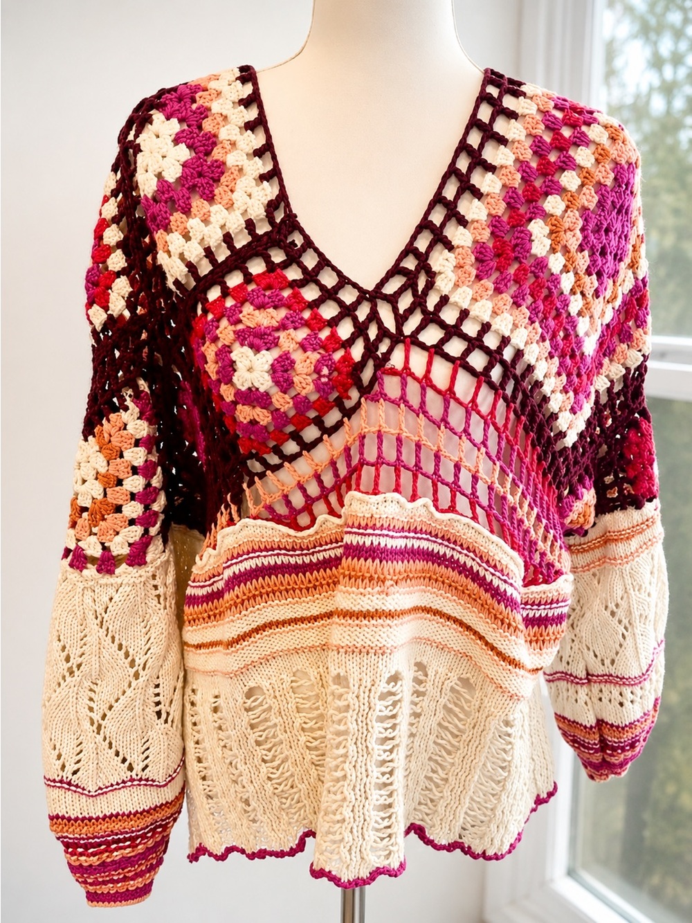 Free People NWT Crochet Balloon Sleeve Sweater Pink Orange Boho S